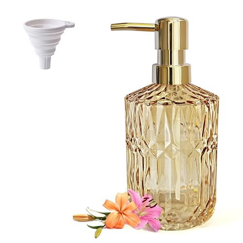 LaMarriti Clear Glass Soap Dispenser with Gold Rust Proof Pump Refillable Thick Glass Kitchen Soap Dispenser Lotion Dispenser Bathroom for Hands Soap Dish Soap Body Wash (Yellow Gold