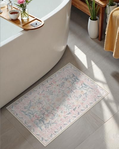Seavish Pink Floral Bathroom Rug, 16x24 Inch Non-Slip Washable Plush