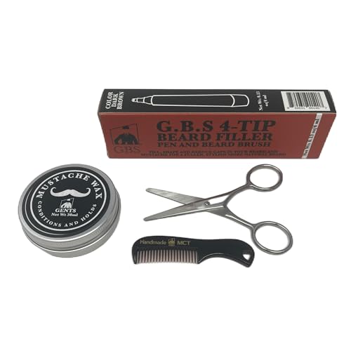 G.B.S Mustache Wax Extra Strong Hold Fragrance Free Inlcudes Handmade Mustache Comb,trimming scissors and Dark Brown Beard Filler Pen