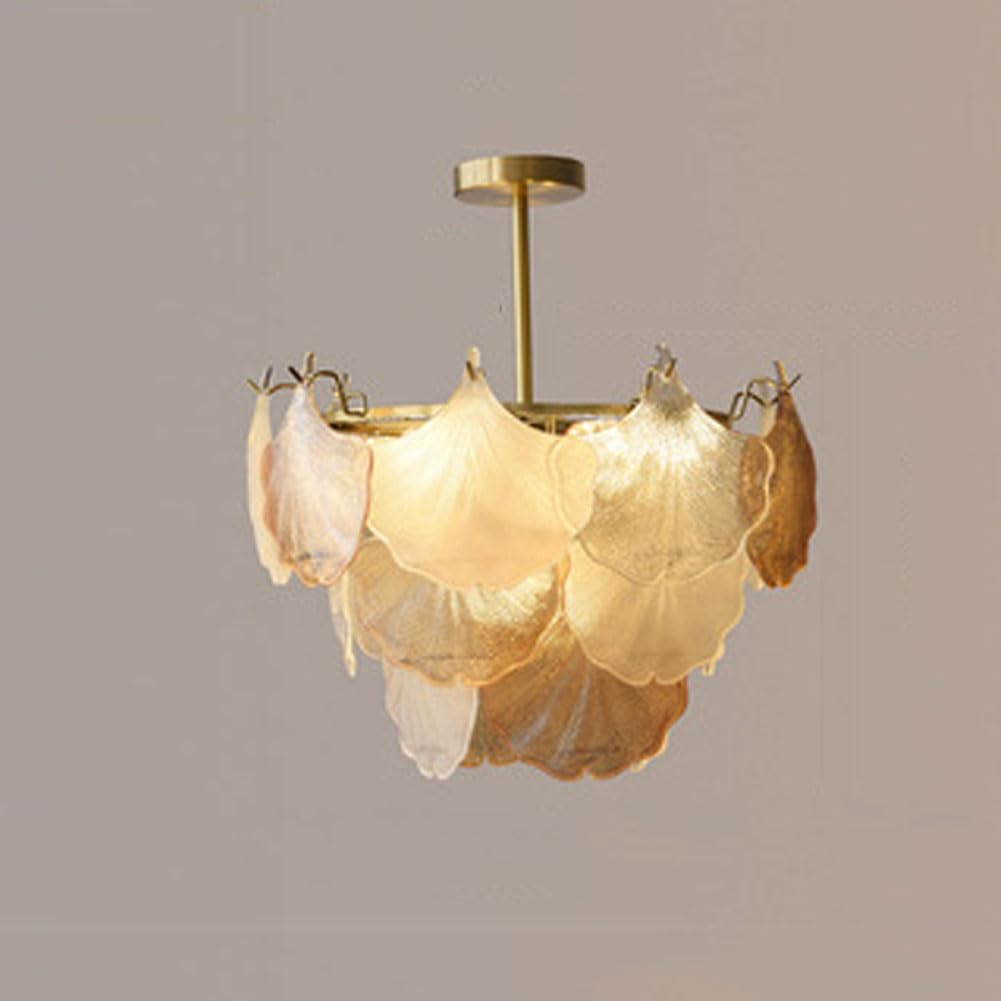 HXYSXHJUO E14 French ginkgo leaf glass chandelier, creative enamel design for living room dining bedroom light,50cm