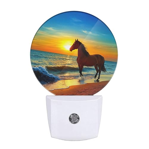 Image of Beautiful Sunset Nightlight Brown Horse Running by The Sea Night Lights Plug into Wall Dusk to Dawn Sensor Round Night Light for Adults Boys Girls, 0.5W Energy Efficient