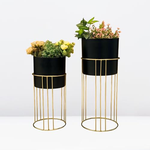 Image of Decorative Black Planter Gold Stand for Living Room | 24 inch & 19 inch (Height) x 10 inch & 9 inch (Diameter) | Modern Indoor Planters and Flower Pots Set of 2 (Gold & Black)