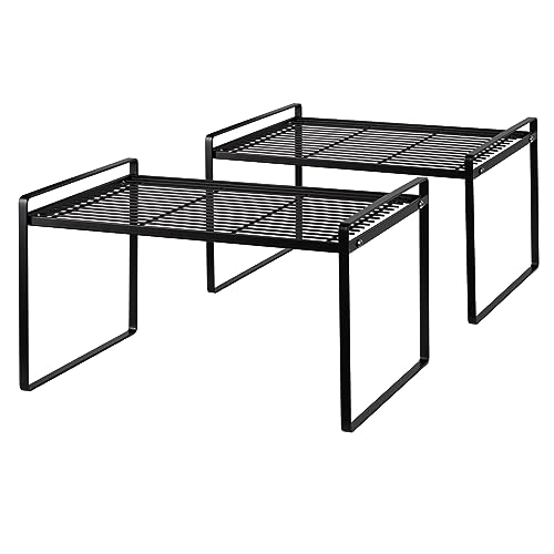 Shantton 2Pack Kitchen Cabinet Shelf Counter Organizer Rack Pantry Storage Bathroom Bedroom Office Table Desk Space Saving Stackable Rust Resistant Non Slip Black Tall Wide L16.1in W10.6in H9.5in