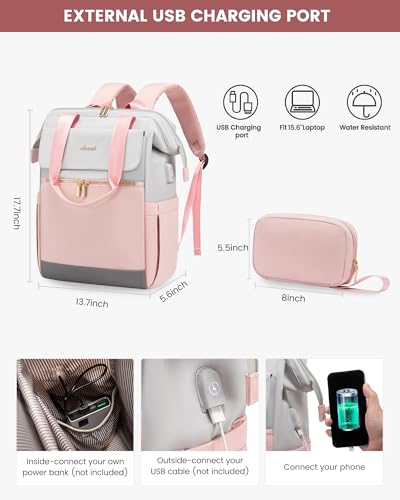 Image of LOVEVOOK Laptop Backpack for Women, 15.6 Inch Work Laptop Bag with USB Port, Fashion Teacher Nurse Backpack Purse, Waterproof Travel Computer Backpack with Organizer Bag, 2PCS, Grey-Pink