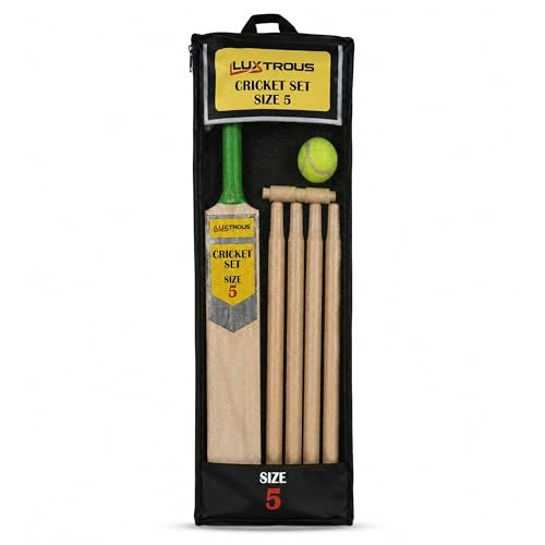 LUXTROUS Cricket Set Wooden Bat with Rubber Grip 4 Stumps Ball & Bails Complete Outdoor Cricket Training Kit with Mesh Carry Bag for Beginner Practice & Garden Play (8-12 Year Size 5)
