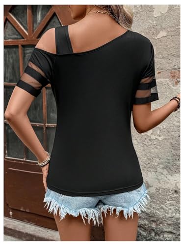 SOLY HUX Women's Summer Mesh T Shirt Cold Shoulder Asymmetrical Neck Short Sleeve Casual Tee Tops2