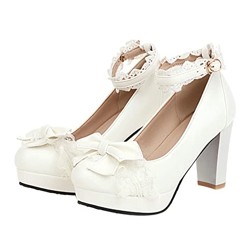 UniqueStride Womens Platform Chunky Block High Heel Pumps Ankle Strap Sweet Bow Buckle Closed Toe Shoes