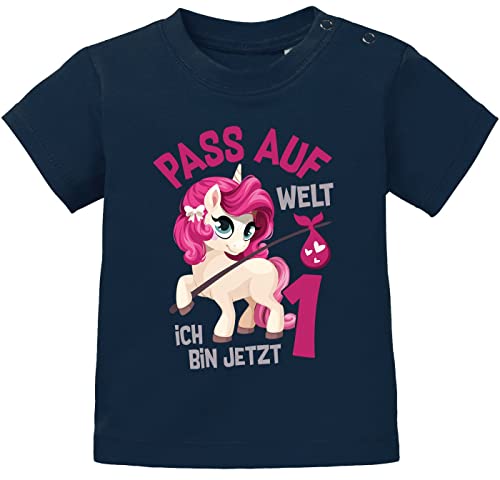 MoonWorks® Baby T-Shirt Geburtstagsshirt Einhorn Pass auf Welt ich Bin jetzt 1 Jahr Geschenk Mädchen Kurzarm Bio-Baumwolle dunkelblau 80/86 (10-15 Monate) Cover