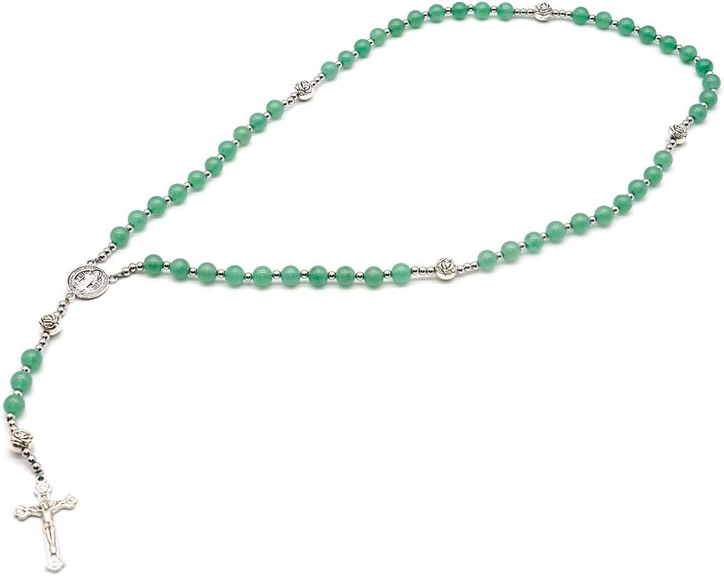 Green Aventurine Rosary Beads with Silver Metal Details - Prayer Necklace with Storage Box