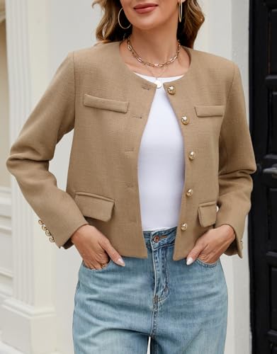 Ladyful Womens Cropped Tweed Blazer Jacket Collarless Long Sleeve Office Work Coat Fall Business Outerwear2