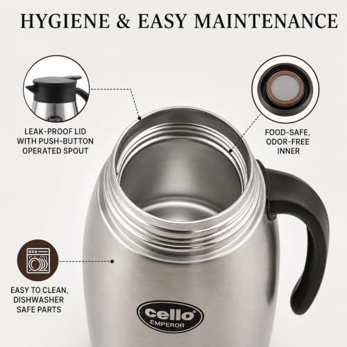 Image of CELLO Eden Stainless Steel Tea Coffee Carafe with Press and Pour Lid 800 ml, Silver | Wide Mouth Easy to Fill & Clean, Double Wall Vacuum Insulated Hot & Cold Flask Carafe For Kitchen, Travel & Office