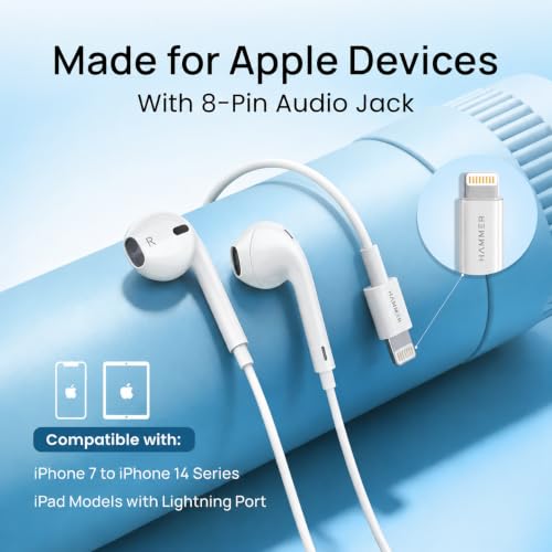 Image of HAMMER Nova 4 Lightning Earphones with Mic, 13mm Drivers, Powerful Bass, MFB Control, Ergonomic Half in-Ear Wired Earphones for iPhones - White