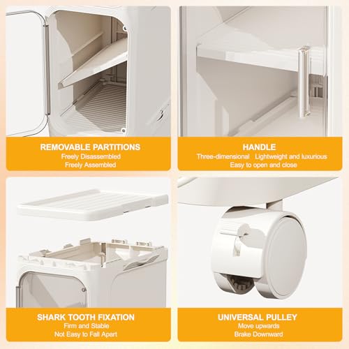 Image of 4-Tier Slim Tall Bathroom Cabinet, Plastic Narrow Cabinet with Doors and Shelves, Floorstanding Skinny Cabinets with Wheels