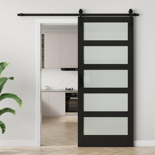 Image of 36 inchx84 inch Frosted Glass Barn Door with 6.6FT Sliding Hardware & Handle, Black