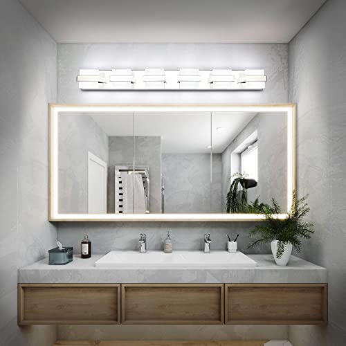 Image of SOLFART 6 Lights Chrome Bathroom Light Over Mirror Modern Vanity Light Fixtures Bathroom Lighting Fixtures 41 inch White Light Non Dimmable