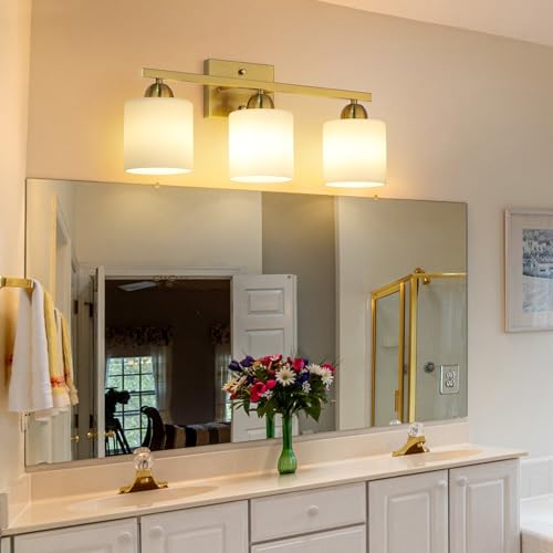 Image of Mecgirn Stainless Steel Milk Glass Vanity Lights for Bathroom, 3 Light Gold Bathroom Light Fixtures Over Mirror, Ceramic E26 Sockets Wall Mounted