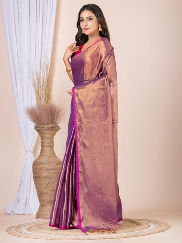Image of Women's Tissue Cotton Saree | Plain Lightweight Tassel Pallu Saree with Blouse