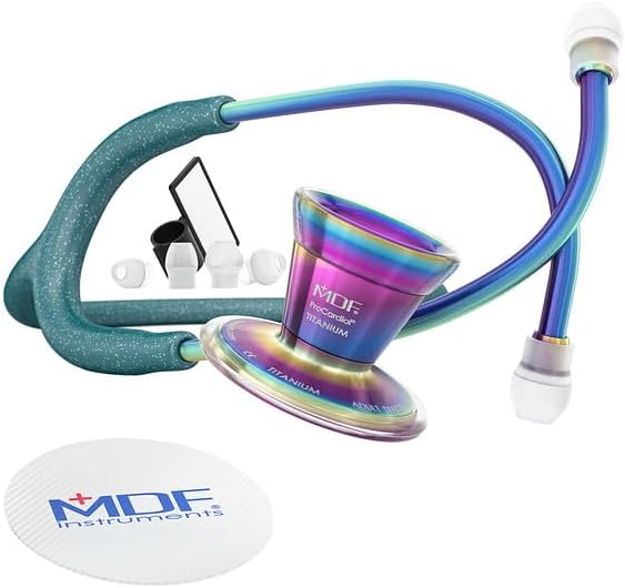 MDF Instruments Green Glitter Kaleidoscope ProCardial Cardiology Stethoscope, Limited Edition Mprints, Lightweight Titanium, Adult, Dual Head, Green Glitter Tube, Chestpiece-Headset, MDF797TGL21KL