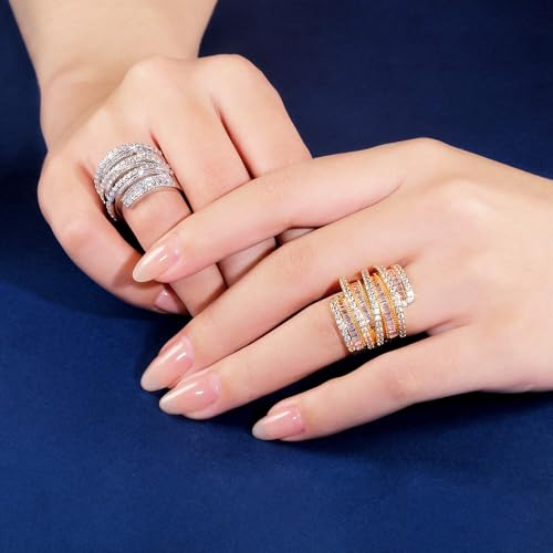 MDFUN 4 Rows Emerald Cut Cubic Zirconia Rings 18K White Gold/Yellow Gold Plated Statement Halo Eternity Wedding Ring Baguette Band for Women Size 5-102