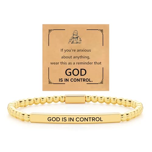 Mkrx3 God Is In Control Inspirational Bracelets for Women 18K Gold Plated Stainless Steel Elastic Beaded Bracelet Christmas Birthday Jewelry Gift