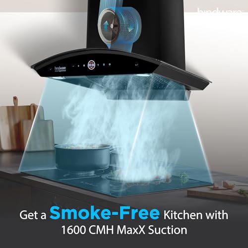 Image of Hindware Smart Appliances | Nadia BLDC 60 IN Kitchen Chimney | 1600 CMH |Curved Glass | Filterless | Auto Clean | Touch Control, Motion Sensor | 12 Yrs Warranty on Motor & 3 Yrs on Product (Black)