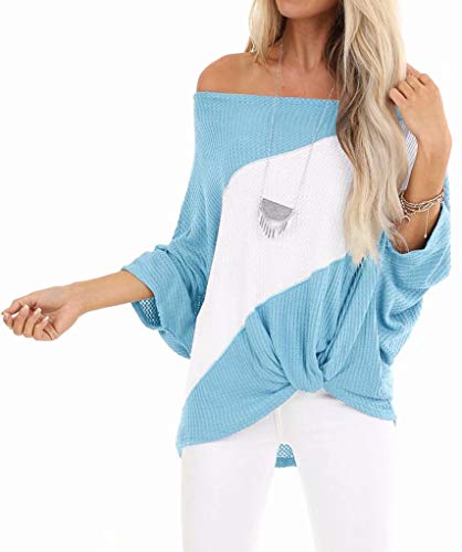 LACOZY Womens Off The Shoulder Tops Knot Front Batwing Sleeve Shirts Waffle Knit Tunics Pullover Blue Medium