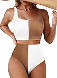 Herseas Women's Colorblock Bikini Sets Scrunch Square Neck Two Piece Swimsuits High Waisted Modest Textured Bathing Suits Large White Brown