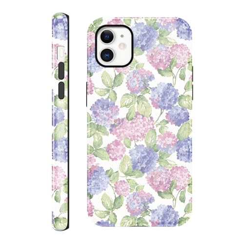 Vulfwela for iPhone 11 6.1'' Aesthetic Pink Purple Hydrangea Flower Phone Case, Lovely Floral Pattern Design Phone Cover Hybrid 2 in 1 Full Body Rugged Shockproof Protection Case for Women Girls