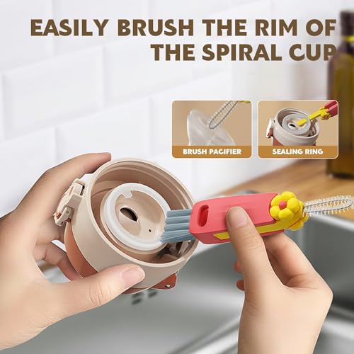 Image of 3-in-1 Brush Cup Lid Cleaning Brush,Cleaning Brush for Bottle Gap Tight Spaces Cup, 3 in 1 Multifunctional Cleaning Brush Portable Cup Lid Cleaner with Brush（3pcs Flowers