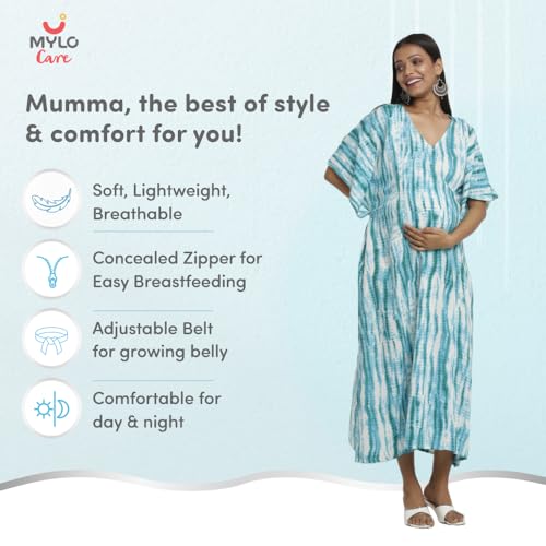 Image of Maternity Dress for Women with Breastfeeding Zippers | Kaftan Dress | Adjustable Belt for Growing Belly | Feeding Dress for Pre & Post Pregnancy