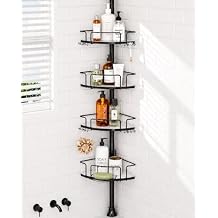 ALLZONE Corner Shower Caddy Tension Pole, 4 Hang-On Basket with Mixed-Height Shelves for Various Bottle Sizes, Extra Hooks & Soap Holder, Rustproof Stainless Steel, Fits 34116 Inch, Black/White