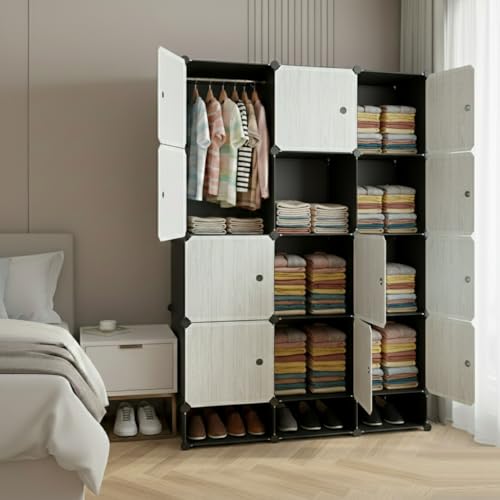 Image of KRISHYAM12-Cube Modular Wardrobe with Doors, Hanging Rod & 3 Shoe Boxes, Space-Saving DIY Closet Organizer for Clothes, Shoes, Toys & Home Storage,