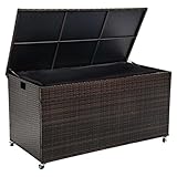 Outdoor 170 Gallon Water-Resistant Wicker Storage Box with Wheels, PE Rattan Deck Box with Waterproof Liner for Outside, Patio Storage Container with Hinged Lid, Horizontal Bin, Brown