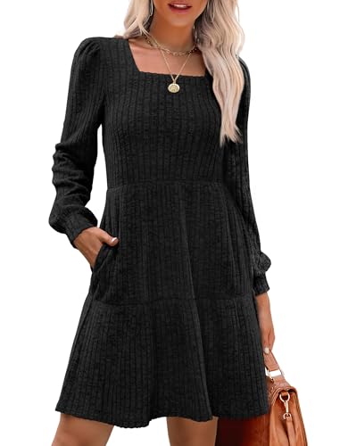 Image of Sampeel Womens Square Neck Long Sleeve Fall Dresses Casual Babydoll Sweater Dress