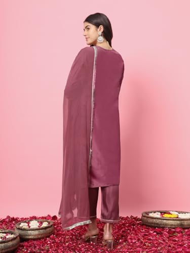 Image of VredeVogel Women's Silk Blend Kurta Trouser With Dupatta Set With Nazmin Lace Border Design