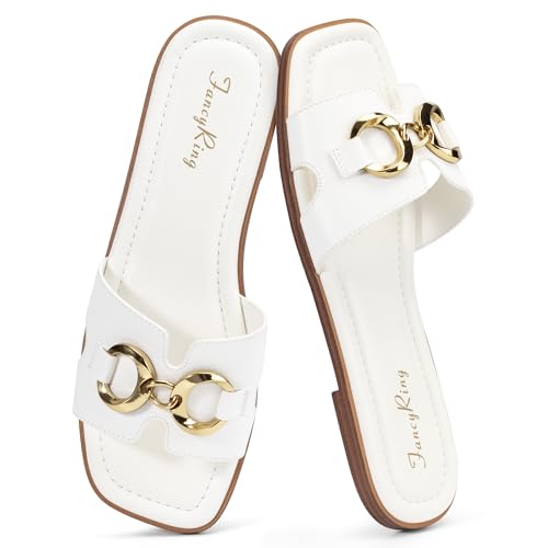 FancyRing Women's Flat Sandals Square-Toe Metal Chain Summer Slip-On Sandals