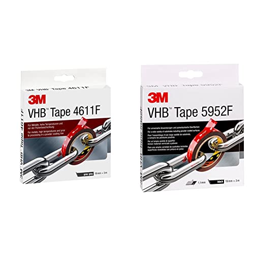 3M VHB 4611 Double Sided Adhesive Tape - Designed to create durable and reliable bonds - 19 mm x 3 m, Thickness 1.1 mm, Grey & 5952F Double Sided Adhesive Tape - 19mm x 3m, Thickness 1.1mm, Black