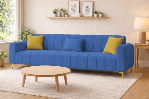 Image of Casaliving Velour Modern Velvet Sofa, Tufted Design Upholstered 3 Seater Sofa Set for Living Room, (Blue Colour) Premium Velvet Fabric Sofa