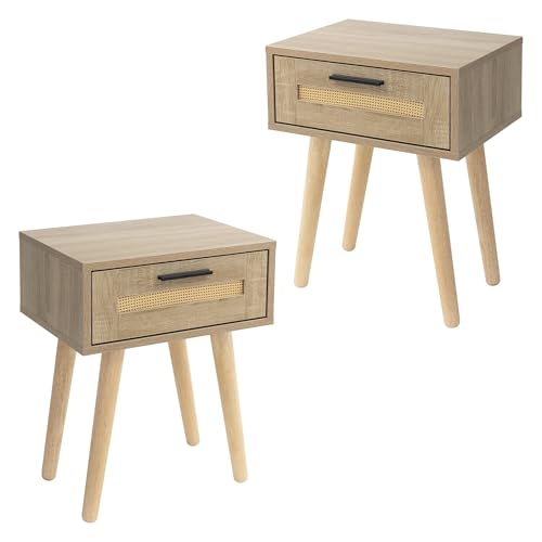 ML-Design Juego de 2X Mesitas de Noche con Cajón 40x50,5x30 cm Mueble Estilo Rústico de Madera Aspecto de Roble y Ratán, para Salón, Comedor, Dormitorio, Cajonera Moderna Auxiliar con Patas para Cama
