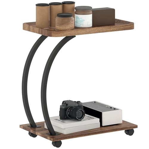 HOMCOM Mesa Auxiliar con Ruedas, Mesa para Sofá con Estante, Bandeja Superior y Estructura de Acero, Mesita Auxiliar para Dormitorio, Salón, Marrón