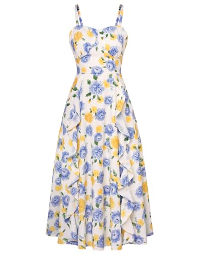 Image of Belle Poque Sun Dresses for Women Spring Summer Floral Midi Flowy Spaghetti Ruffle Wedding Guest Tea Party Dress