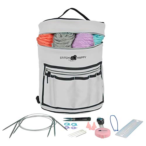 Designer Stitch Happy Knitting Starter Kit: 20 Piece Knitting Kit for Beginners & 7 Pocket Yarn Bag, Signature Yarn Storage - Gray