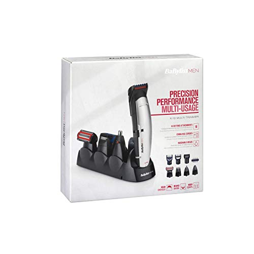 BaByliss E837E Cortapelos para cara, cabello y cuerpo, con cuchillas profesionales W-tech y 10 accesorios, color negro y gris, unisex.