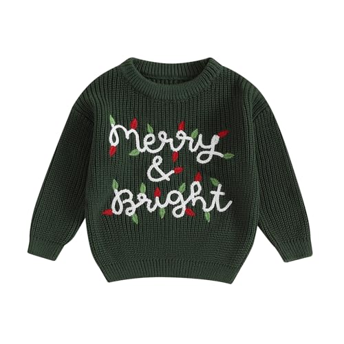 JLKGICF Toddler Baby Boy Girl Christmas Sweater Letter Embroidery Knit Sweatshirt Newborn Infant Cute Fall Winter Clothes (Merry&Bright Apricot Dark Green, 2-3 Years)