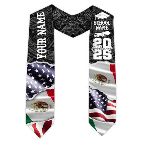 MonkeyVan Personalized Mexican Graduation Sash, Mexican American Flag Graduation Stole Graduation Stole Class Of 2025 Mexico Mxc 12