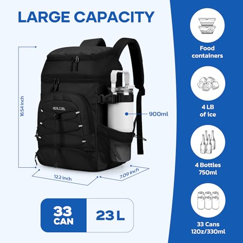Image of RealCool 33 Can Insulated Soft Cooler Backpack, Leakproof Lunch Ice Bag | PEVA liner,16-Hour cold,Multi-Compartment, Breathable Shoulder and Back,Perfect for men,women,camping /beach /picnic /travel