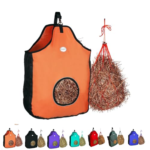 Majestic Ally 1200 D Hay Feeder Tote Bag for Horses, Sheep – Premium Quality Nylon Mesh - Reflective Trim- Simulates Grazing - Reduces Waste - Comes with 36” Hay Net. (Orange)