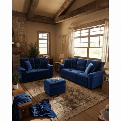 Image of Anderson Sofa Set for Living Room | Sectional Sofas | Premium Leather Sofa for Home Office | Leather Sofa Set | Leatherette Sofa (Blue Fabric, 3+2 Seater with Ottoman)