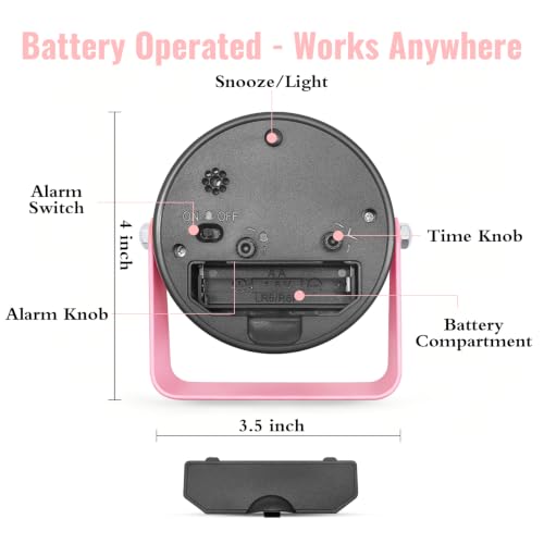 Image of Lamisola 3.5 Inch Small Desk Battery Clock, Pink Alarm Clock for Girls | Travel Clock for Bedroom Bathroom Table Shelf Bedside Cute Metal Vintage Silent Night Light Snooze for Kids Seniors