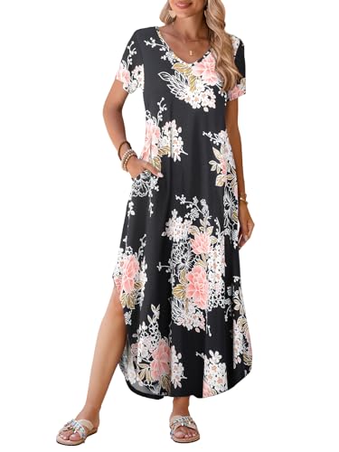 Image of BELAROI Plus Size Maxi Dress for Women Summer Casual V Neck Short Sleeve Long Dress with Pockets Beach Vacation Cover Up